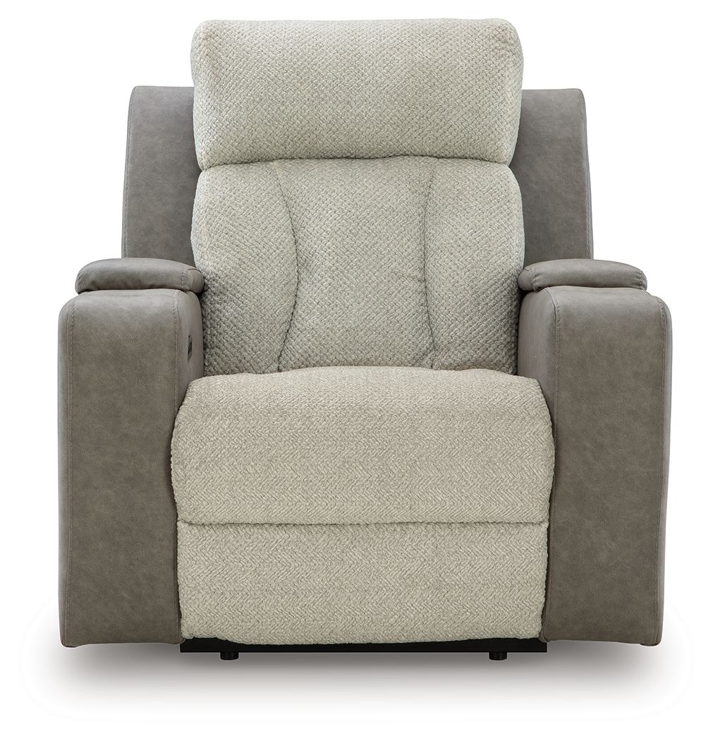 Fabric power recliner with adjustable headrest, beige seat back, gray side panels and arms.