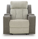 Fabric power recliner with adjustable headrest, beige seat back, gray side panels and arms.