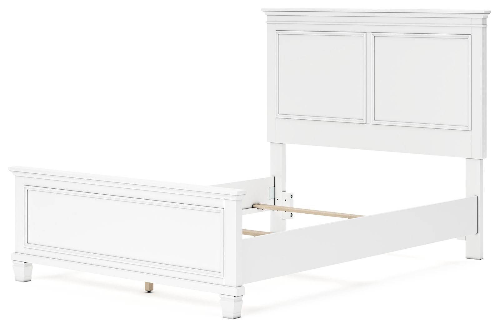 White panel bed with open storage drawer compartment under the frame