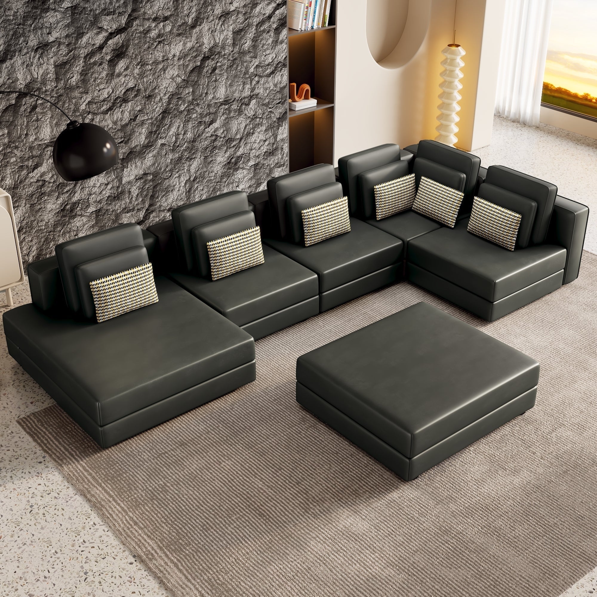 112.7" Modular Sectional Sofa with Ottoman | Black Corner Chaise Lounge-American Furniture Outlet -American Furniture Outlet