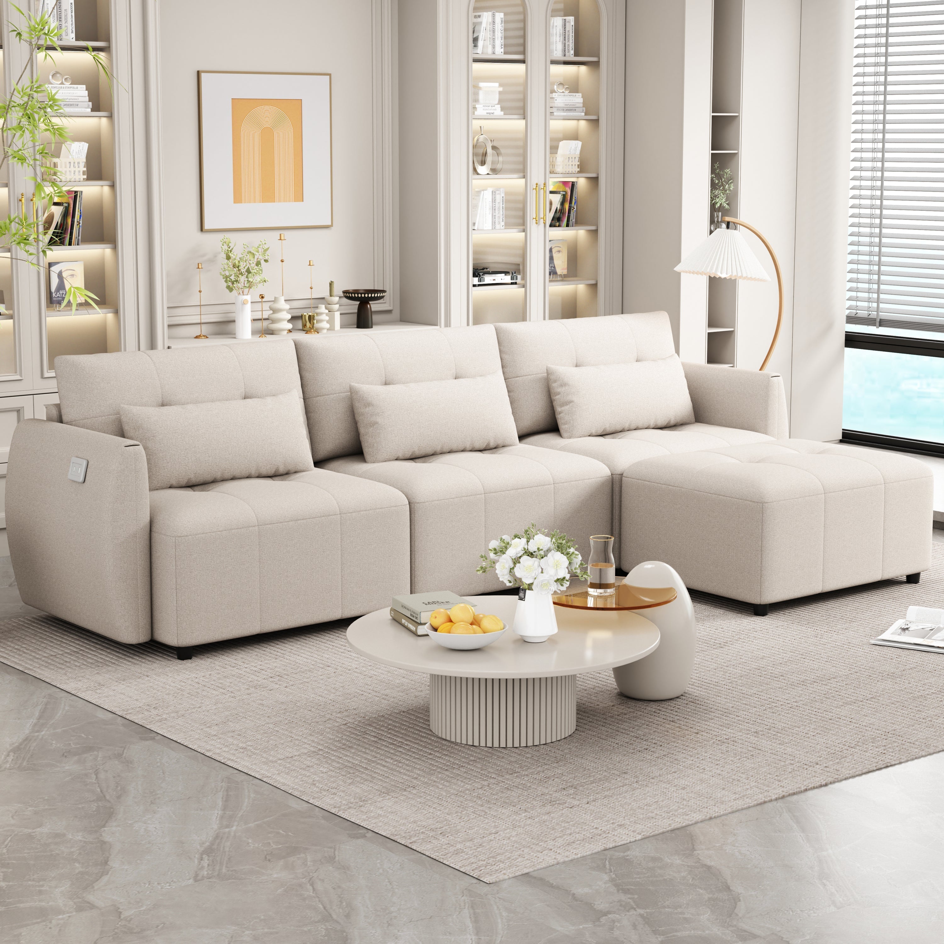 113" Modern Chenille Sectional Sofa with Ottoman & USB Ports – Beige-American Furniture Outlet -American Furniture Outlet