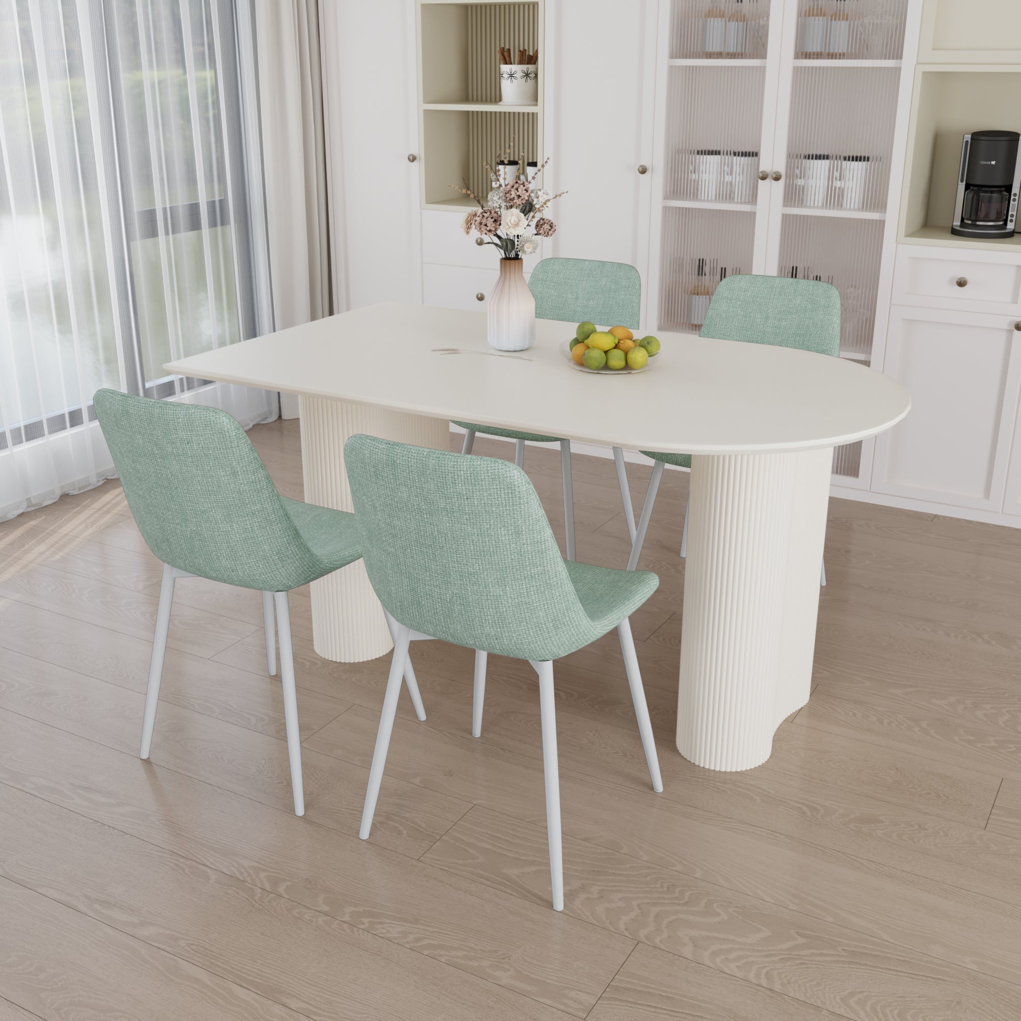 63" MDF Cream Dining Table & 4 Modern Chairs - Kitchen Set