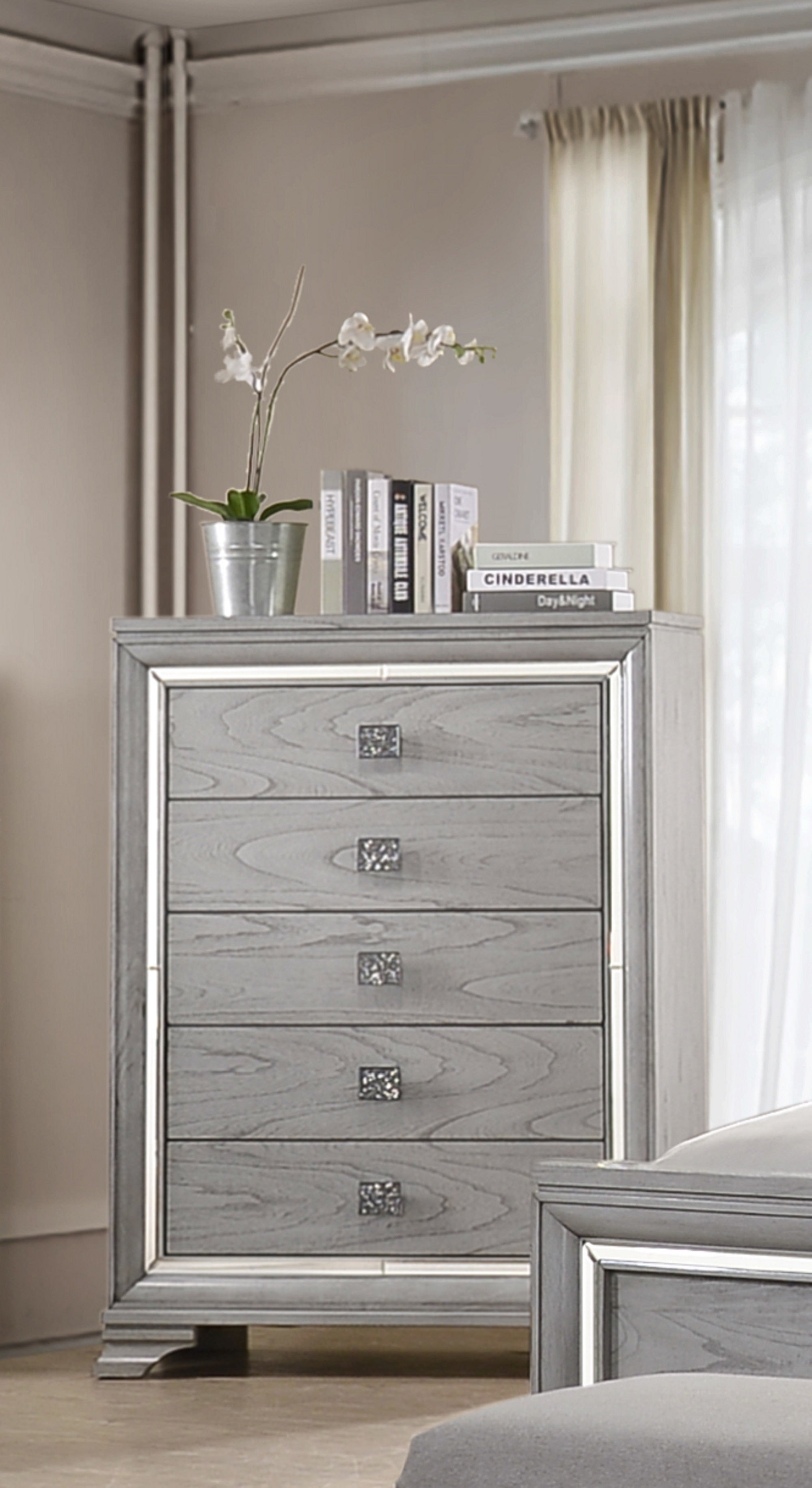 Light Gray Brown Mirrored 5-Drawer Solid Wood Chest