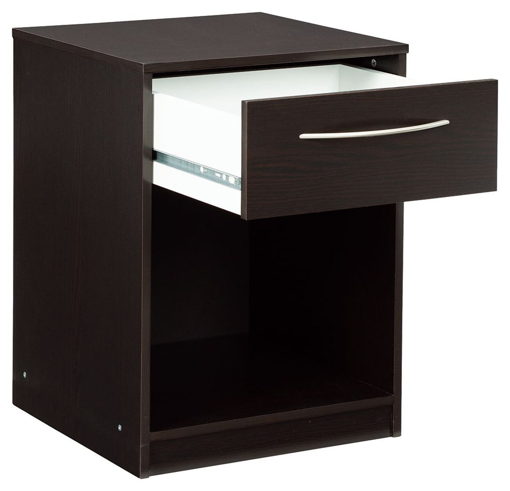 Dark wood night stand with open drawer, silver bar handle, and open storage shelf