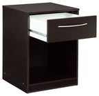 Dark wood night stand with open drawer, silver bar handle, and open storage shelf