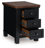 Chair side end table with pull-out drawers, open drawer detail, brown top, black frame