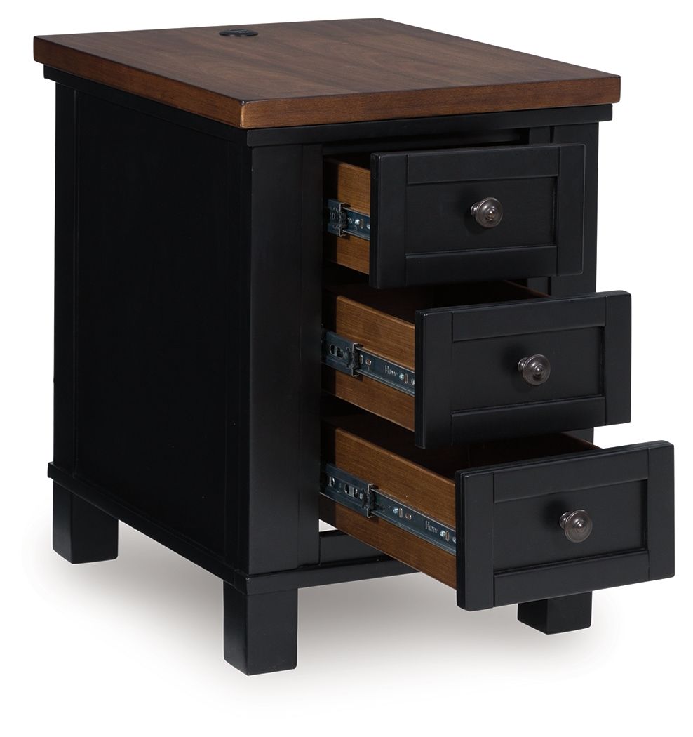 Chair side end table with pull-out drawers, open drawer detail, brown top, black frame