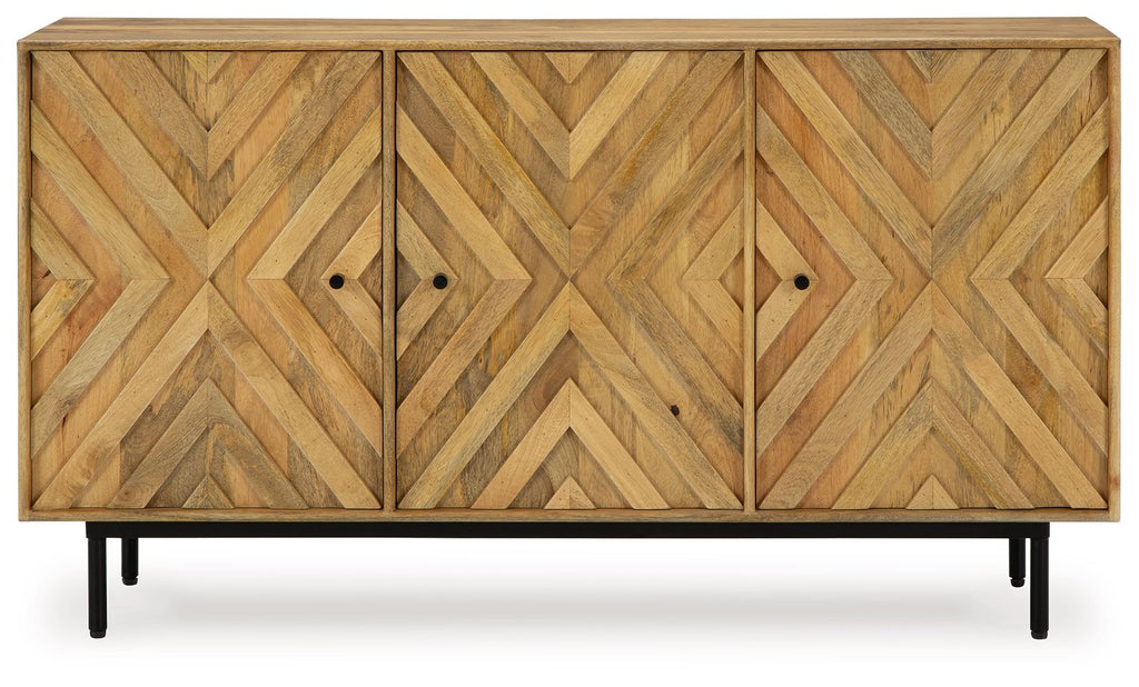 Natural wood accent cabinet with three door panels and chevron diamond wood pattern