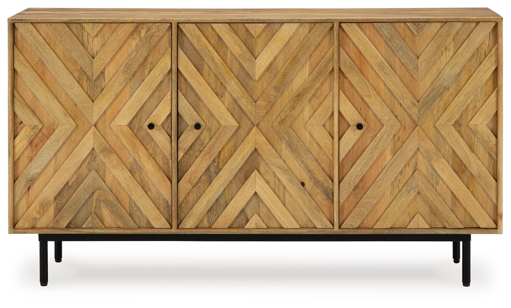 Natural wood accent cabinet with three door panels and chevron diamond wood pattern