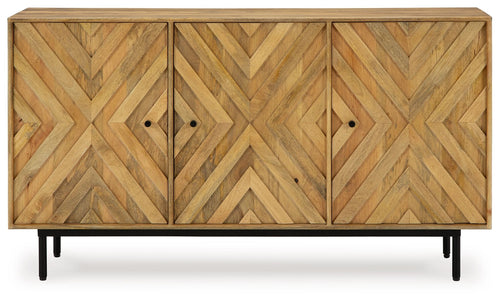 Natural wood accent cabinet with three door panels and chevron diamond wood pattern