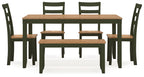 Dining room table set with bench, light wood tabletop and dark green chairs