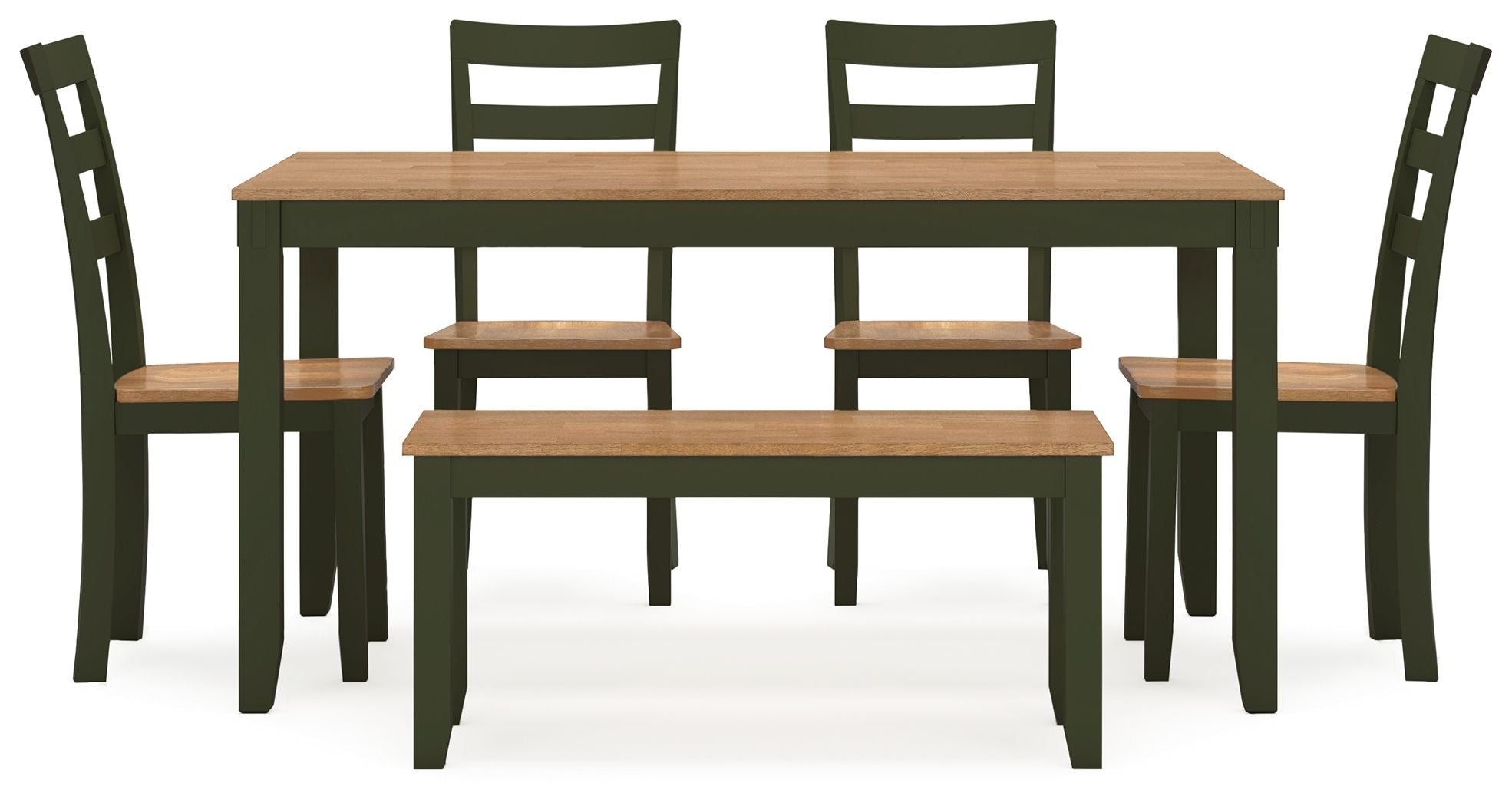 Dining room table set with bench, light wood tabletop and dark green chairs
