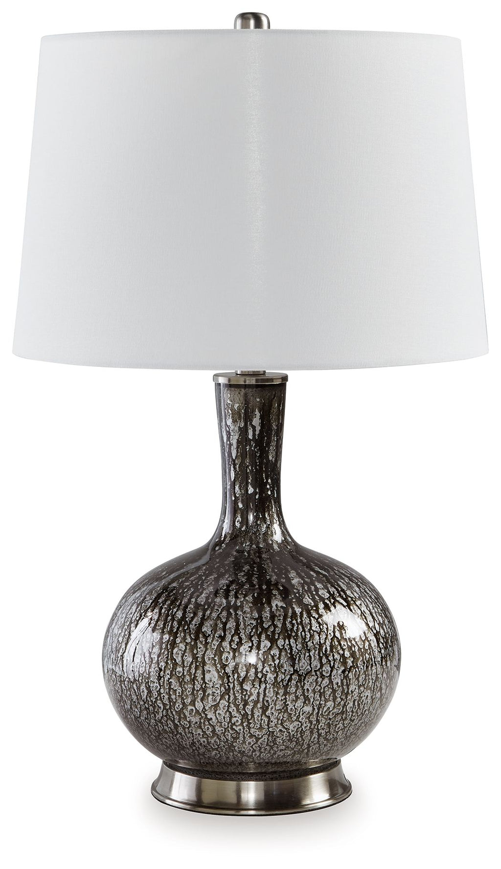 Glass table lamp with white fabric shade and antique black speckled glass base
