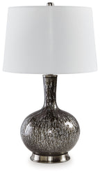 Glass table lamp with white fabric shade and antique black speckled glass base