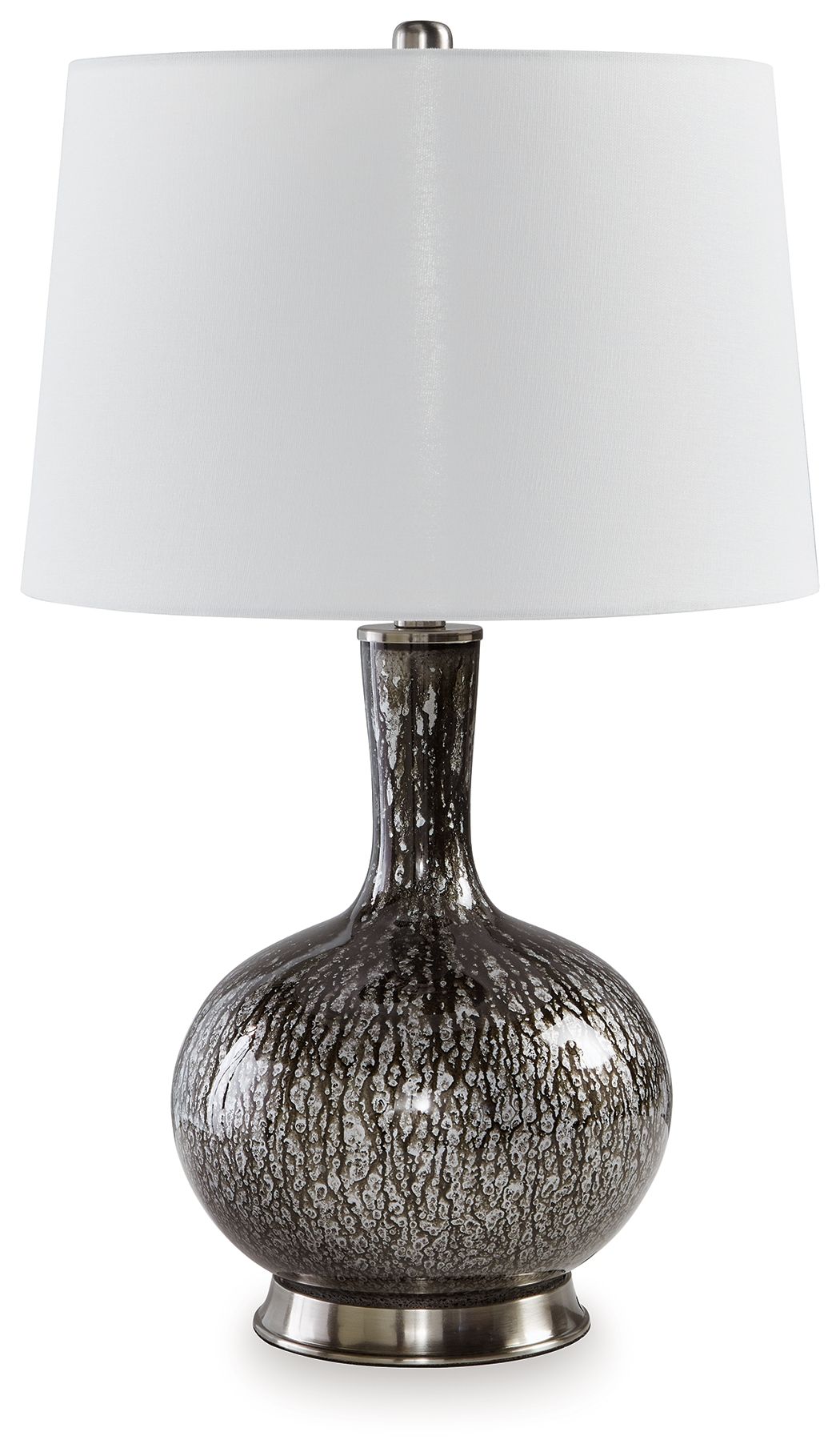 Glass table lamp with white fabric shade and antique black speckled glass base