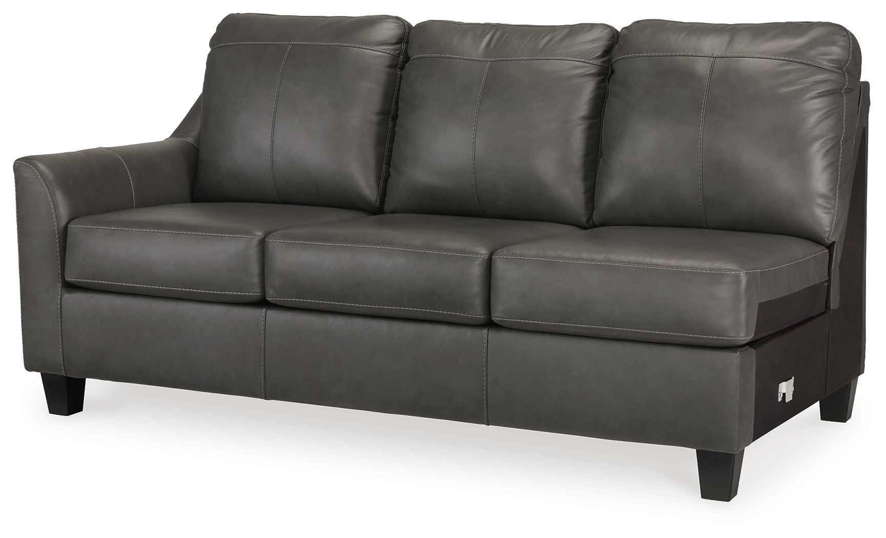 Dark gray leather sofa with three back cushions, three seat cushions, and tapered legs