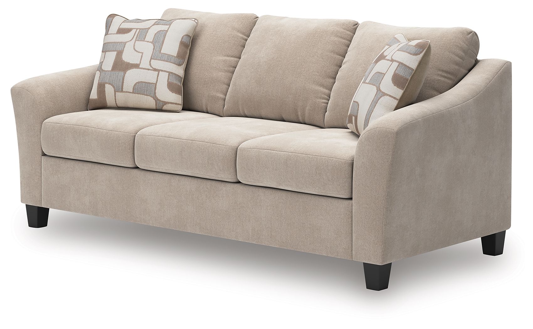 Taupe fabric sofa with rounded arms, three seat cushions, and patterned back pillows