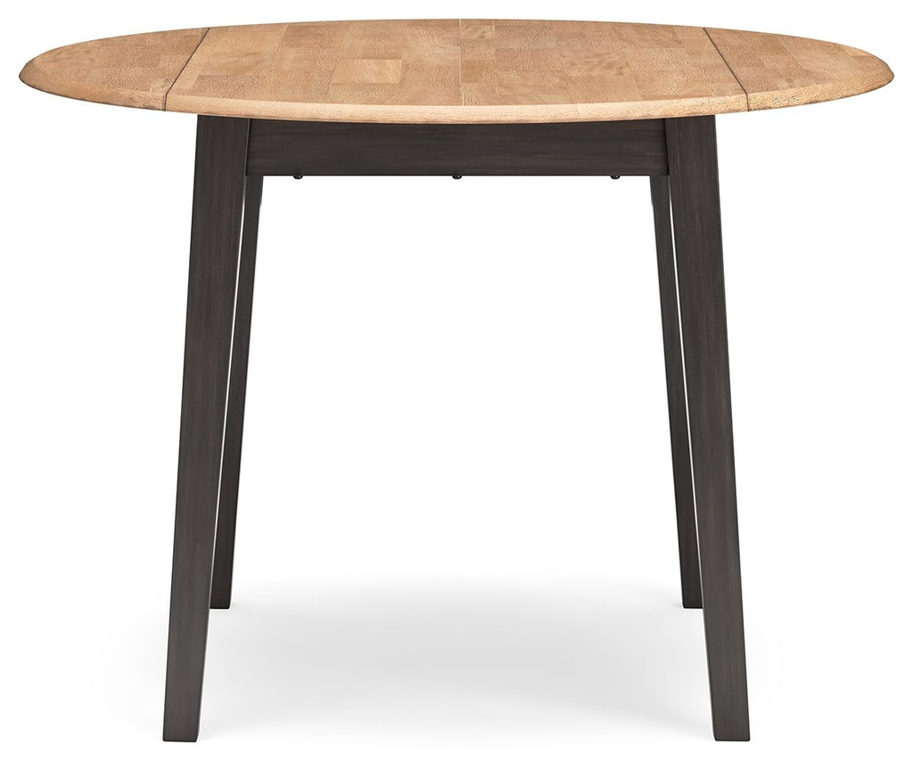 Round drop-leaf dining table with wood top and dark legs, leafs closed