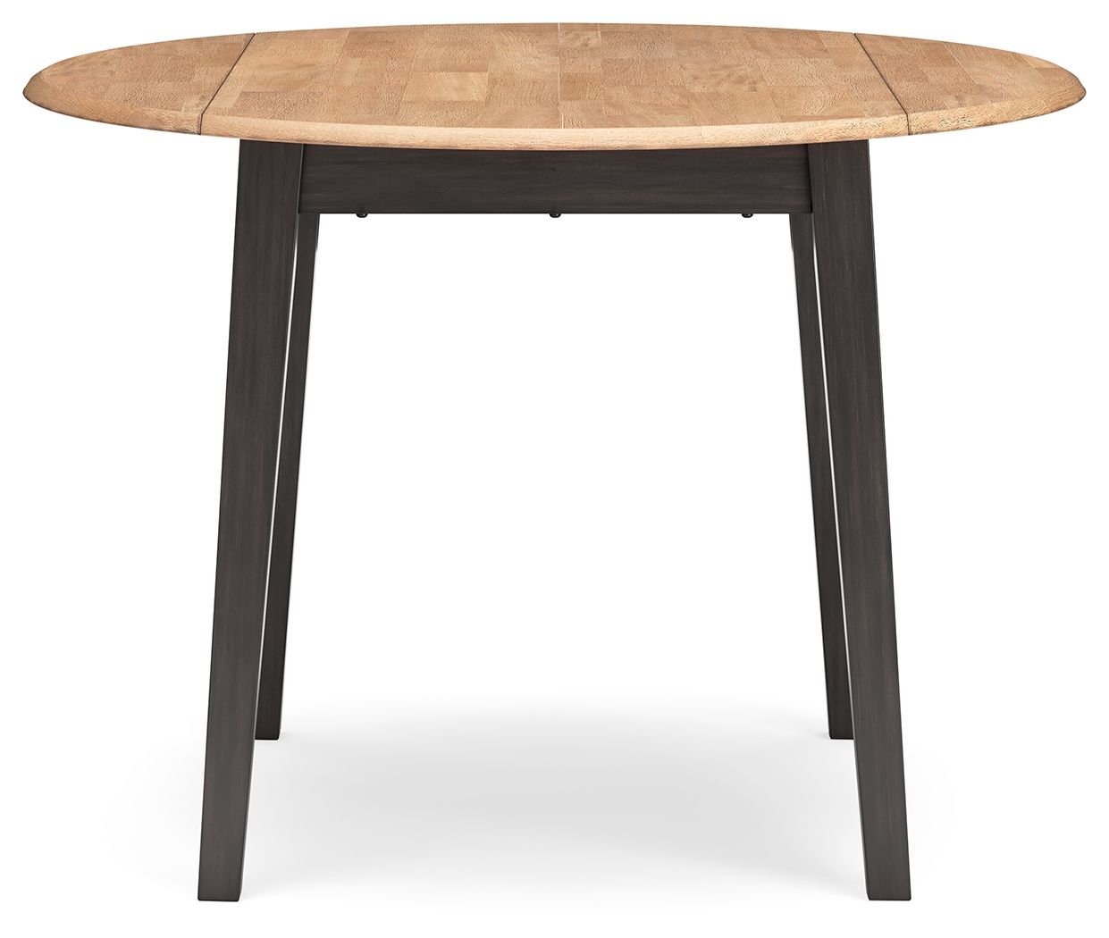 Round drop-leaf dining table with wood top and dark legs, leafs closed