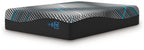 Hybrid 16-inch mattress, black sides; grey top with teal stripes and M badge