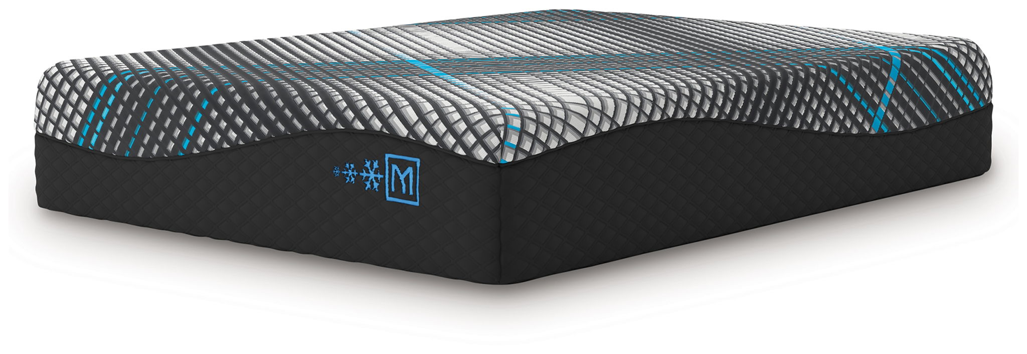 Hybrid 16-inch mattress, black sides; grey top with teal stripes and M badge
