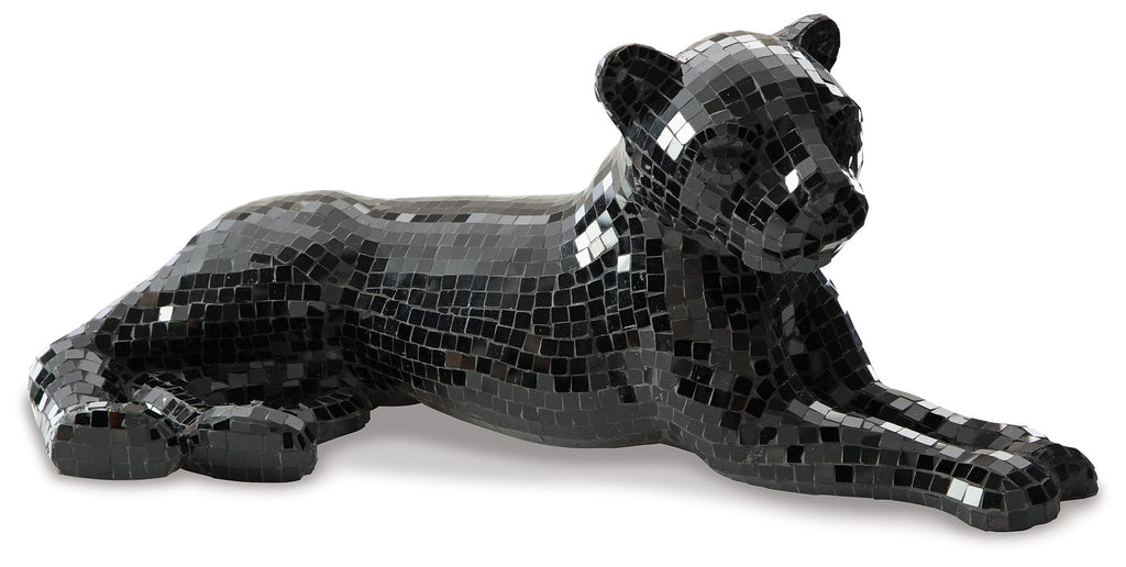 Black mosaic bear sculpture lying with head raised