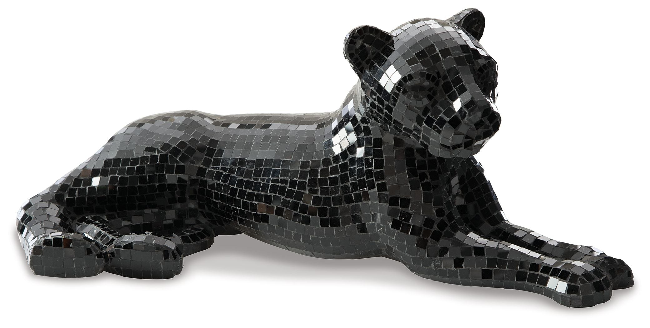Black mosaic bear sculpture lying with head raised