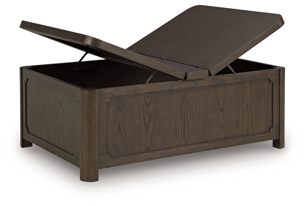 Dark brown lift-top cocktail table with storage cabinet