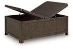 Dark brown lift-top cocktail table with storage cabinet