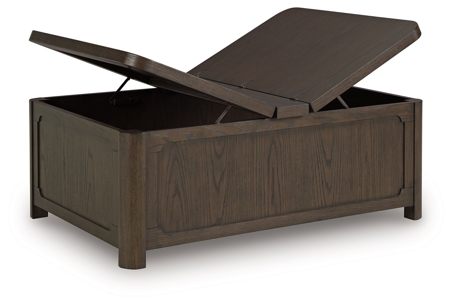 Dark brown lift-top cocktail table with storage cabinet