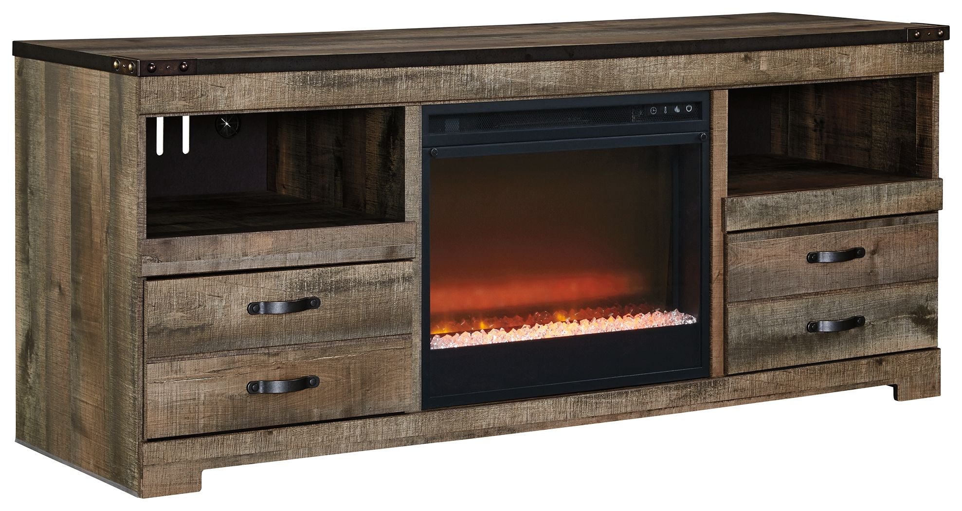 Dark brown TV stand with faux fireplace insert and open compartments on both sides