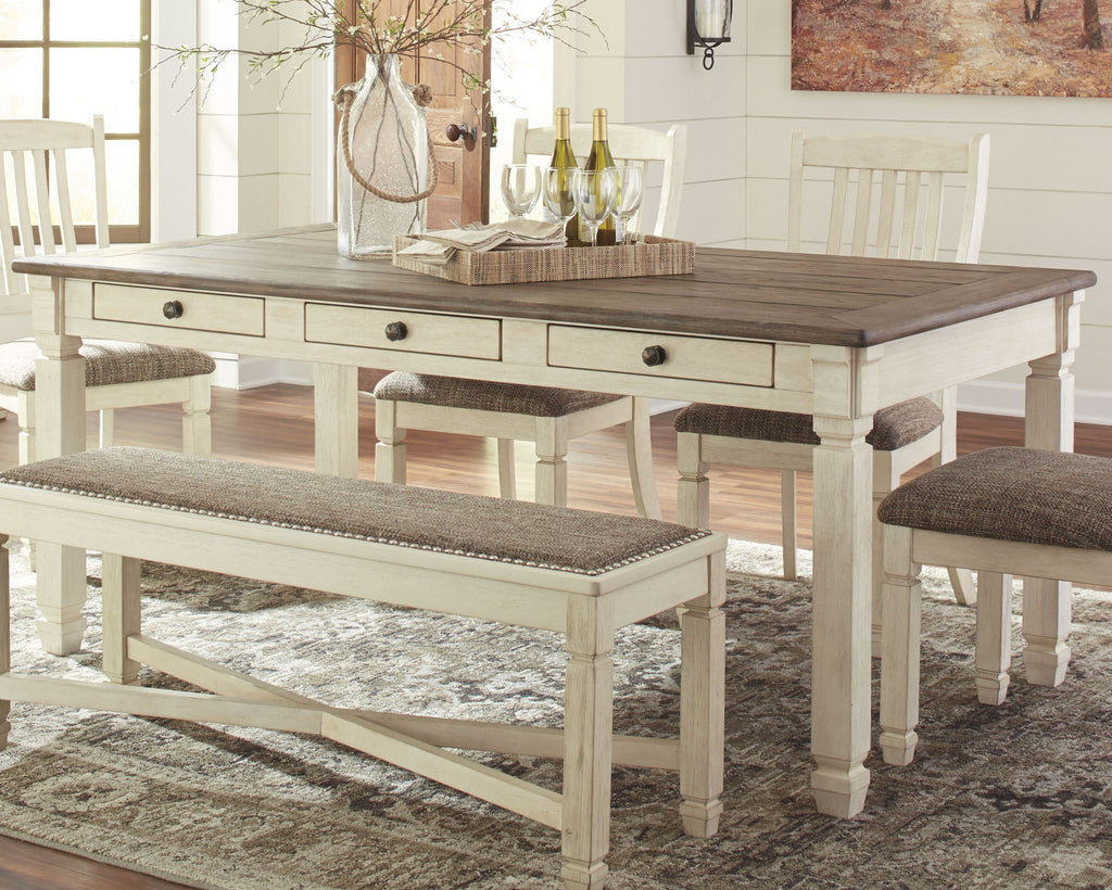 Rectangular dining room table with beige frame, dark wood top, side drawers