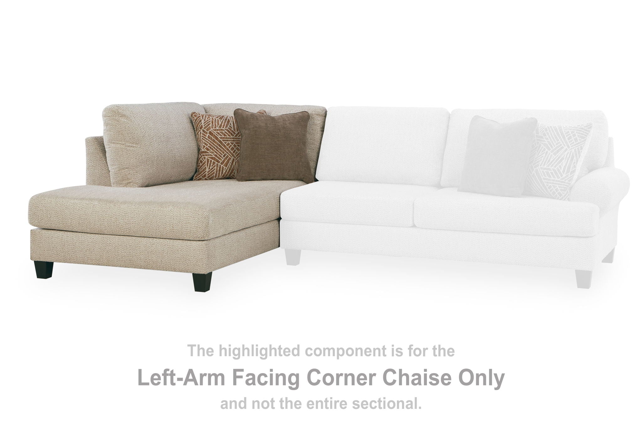 Beige left-arm corner chaise with two pillows and dark legs