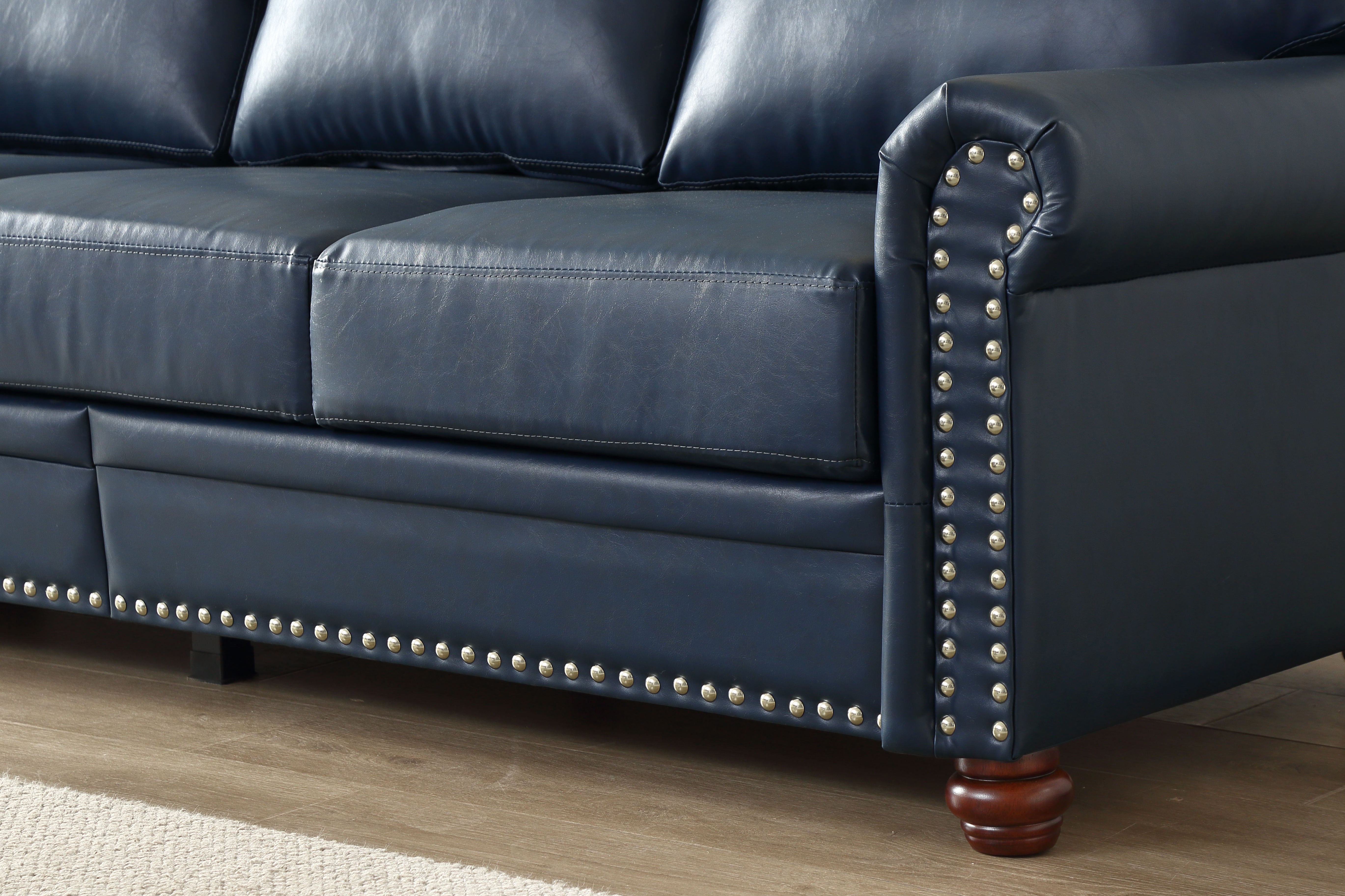 Classic Living Room Nails Sofa Navy Blue Faux Leather