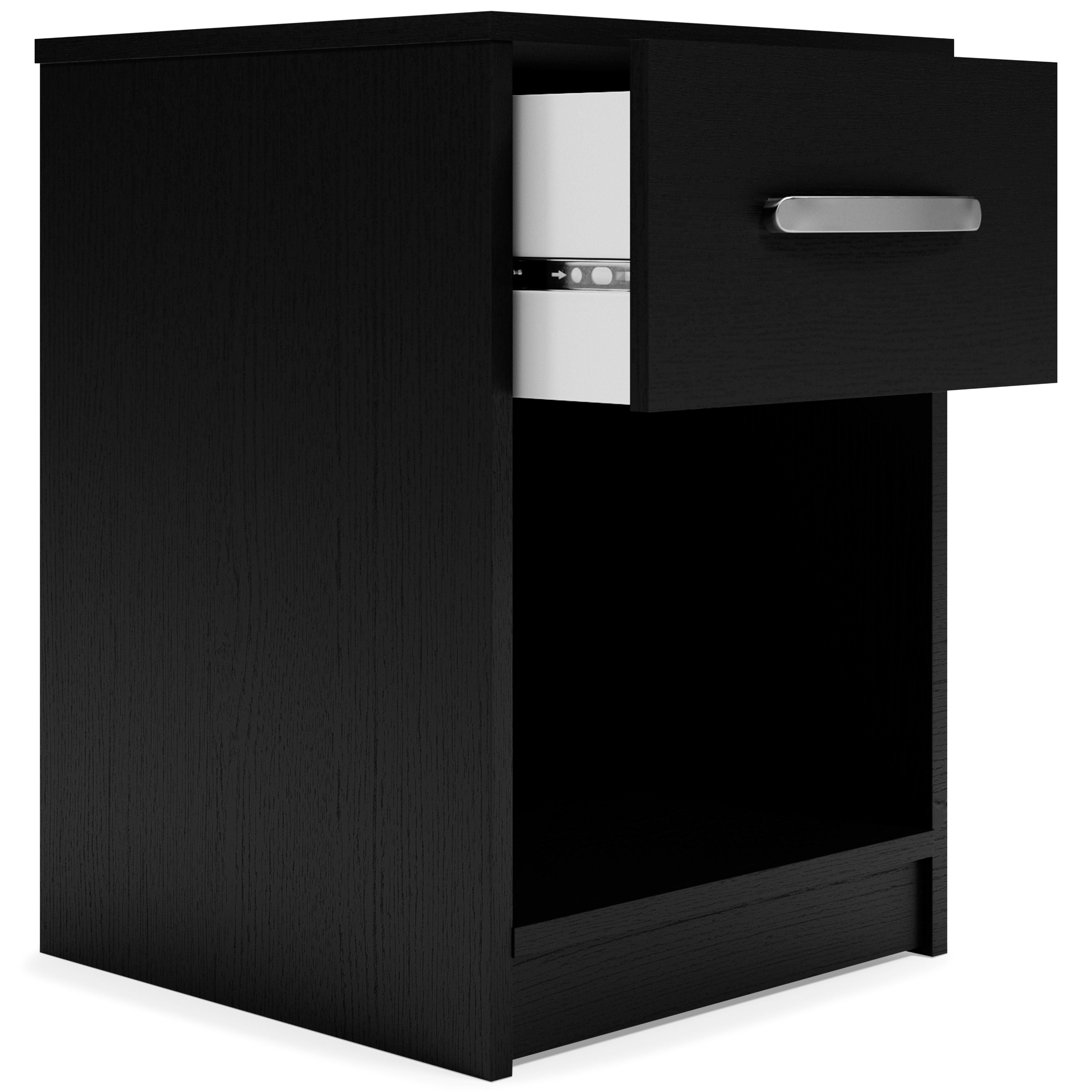 Black one-drawer night stand with metal handle and open shelf