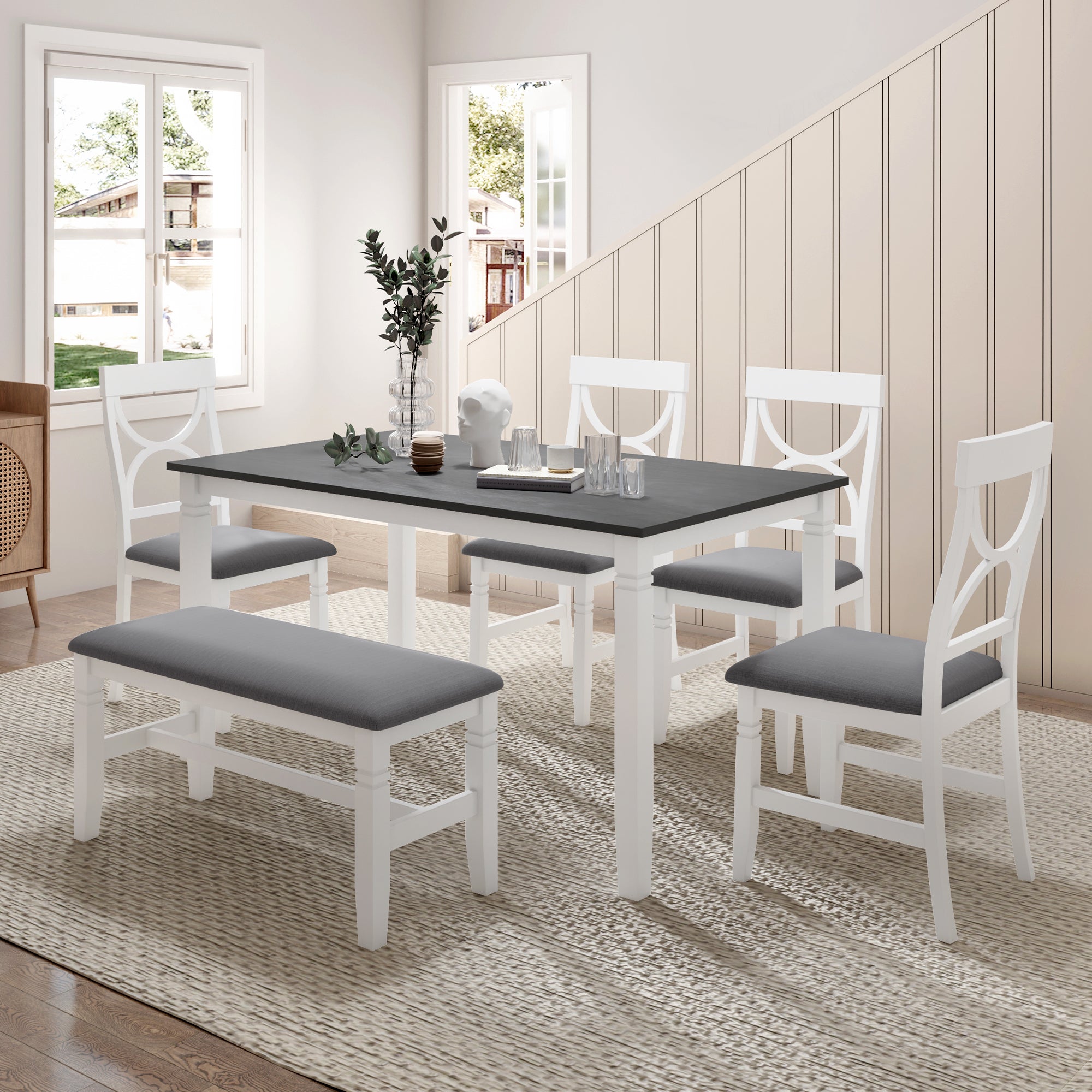 6-Piece Farmhouse Dining Set w/ Bench & Chairs