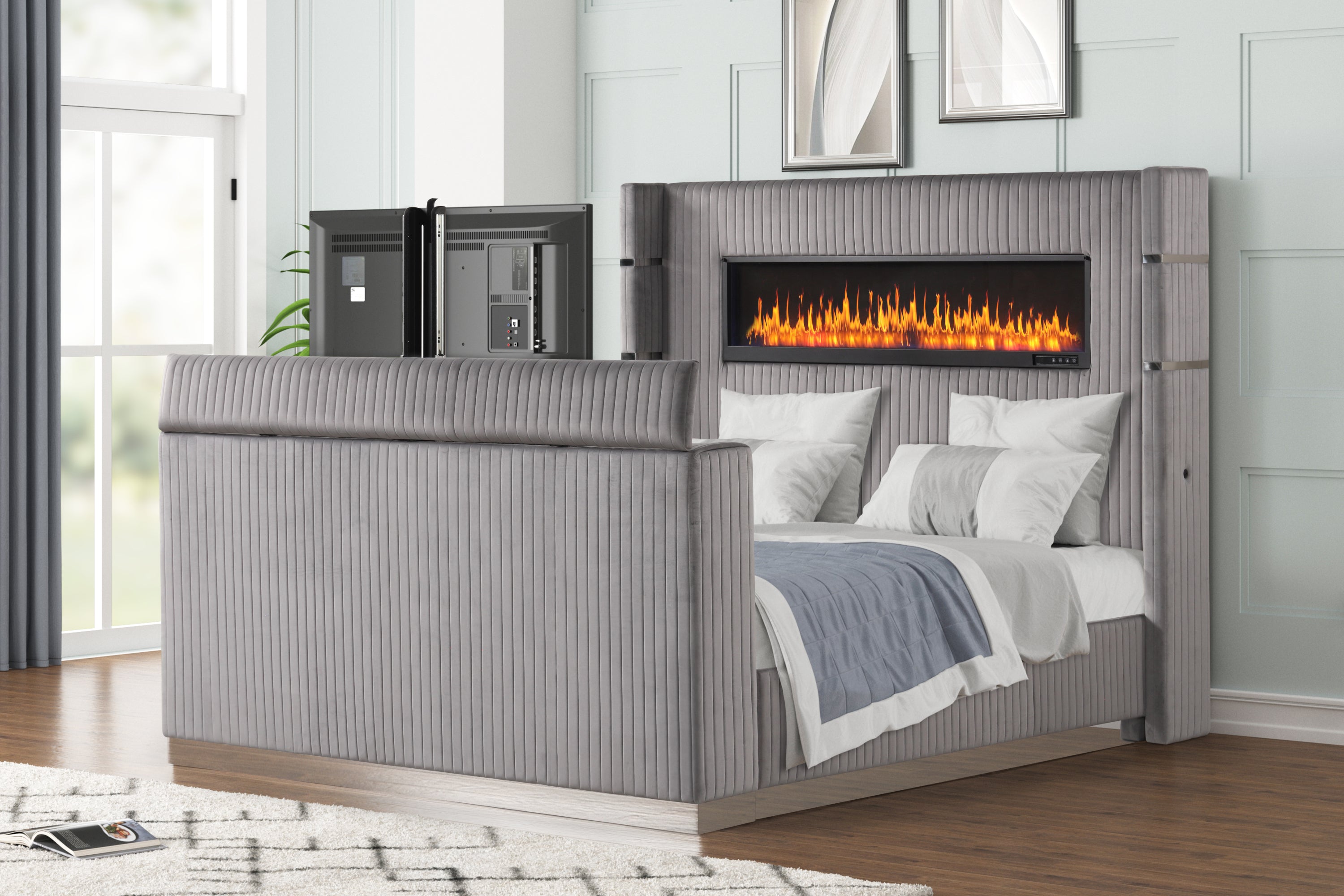 Modern Queen Bed: Fireplace Headboard, TV Footboard, Grey Wood (NJ)