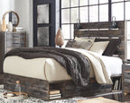 Drystan panel bed with beige upholstered headboard and dark wood base with drawer panels