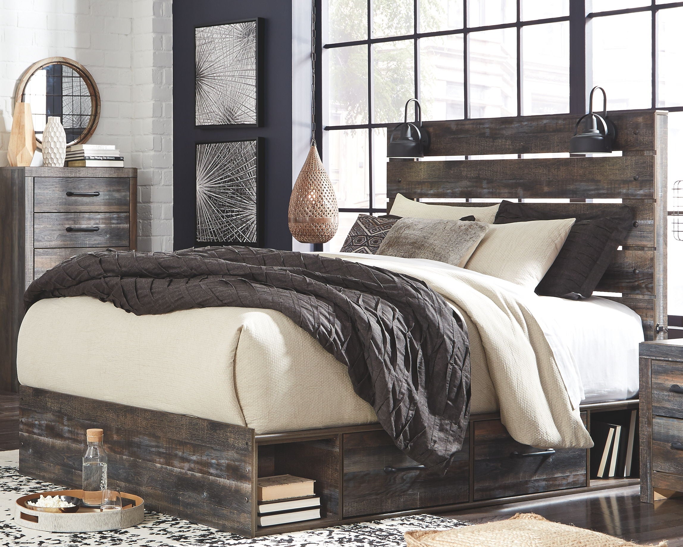Drystan panel bed with beige upholstered headboard and dark wood base with drawer panels