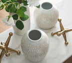 Vinburn accessory set white speckled vases with gold star holders and leafy stems