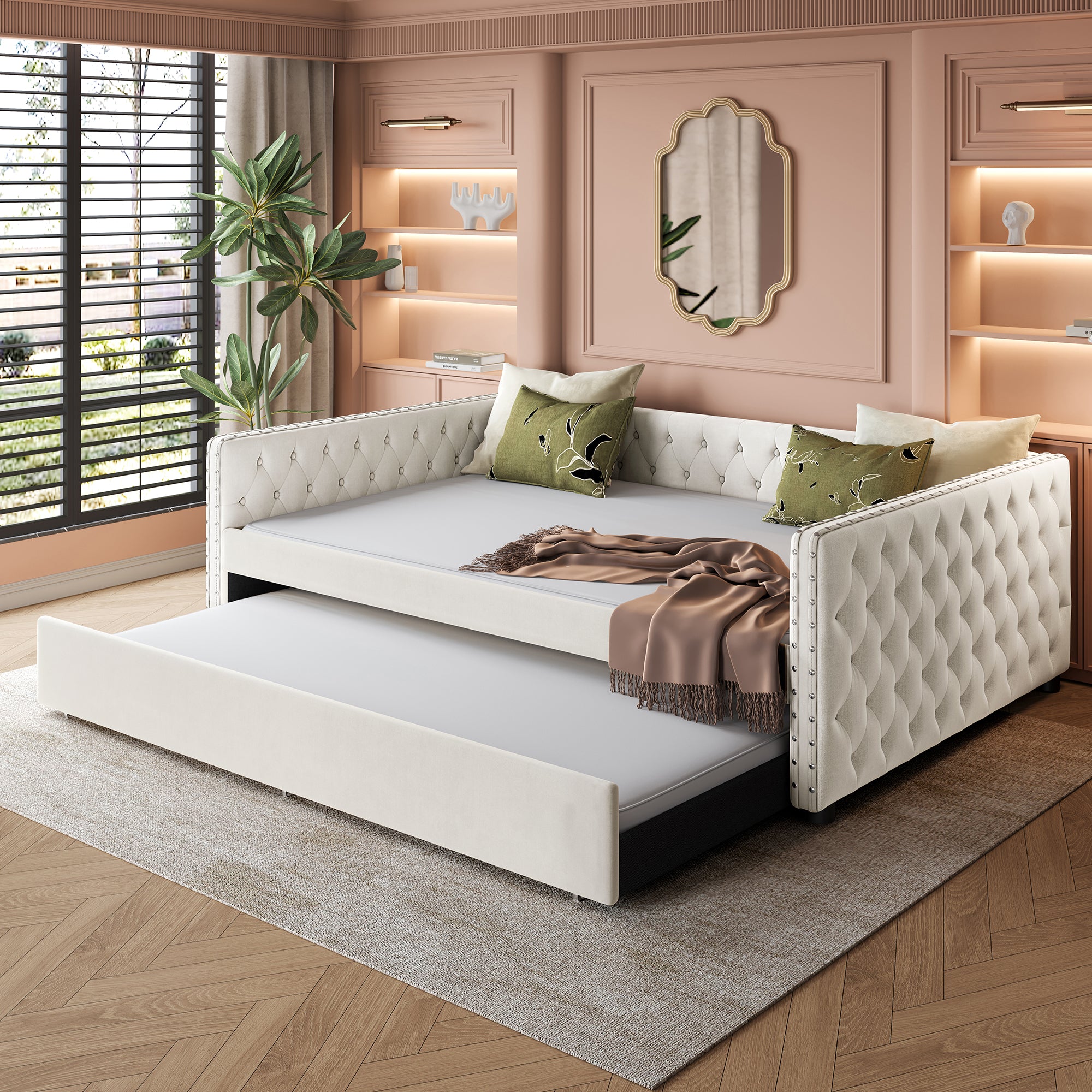 Full Size Daybed Sofa with Trundle - Upholstered Tufted Ivory
