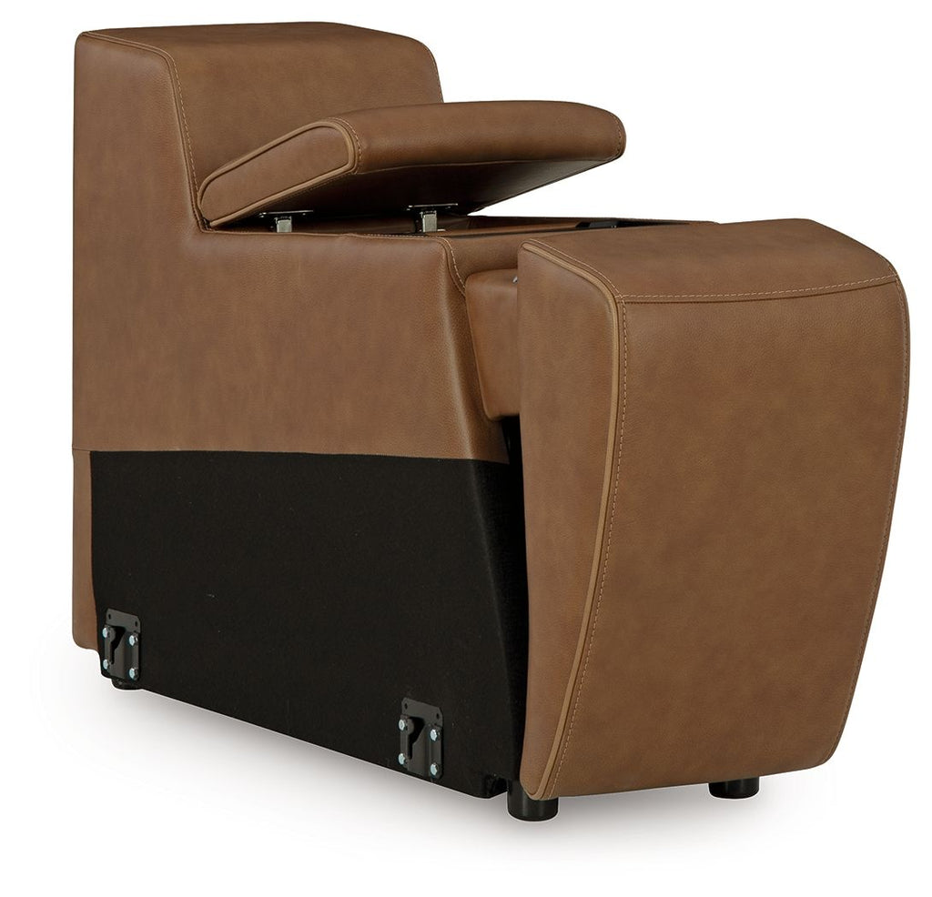 Console storage seat in caramel brown upholstery with flip lid compartment