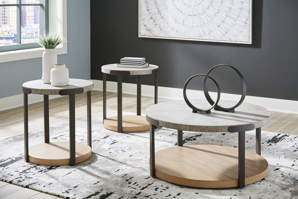 Occasional nesting tables with gray stone-look tops and light brown bases