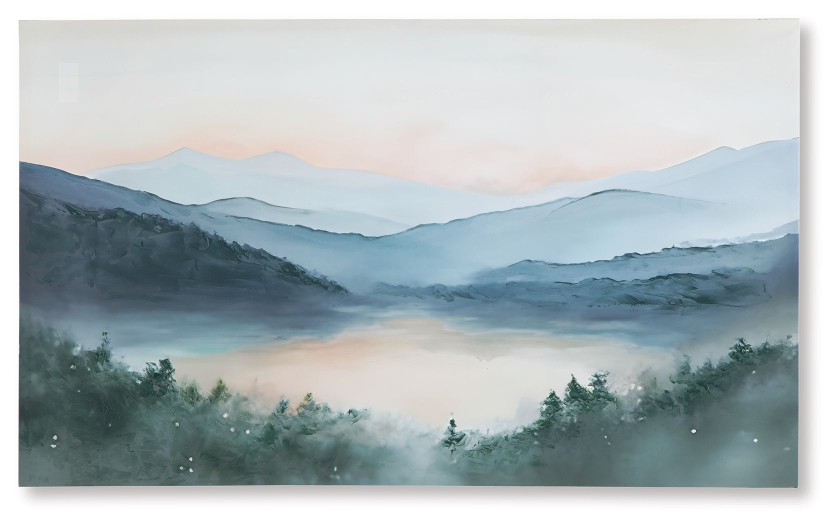 Framed landscape wall art with misty mountains and pine trees in blue-gray tones