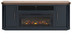 Two-tone TV stand with electric fireplace, dark blue doors and open center media shelf