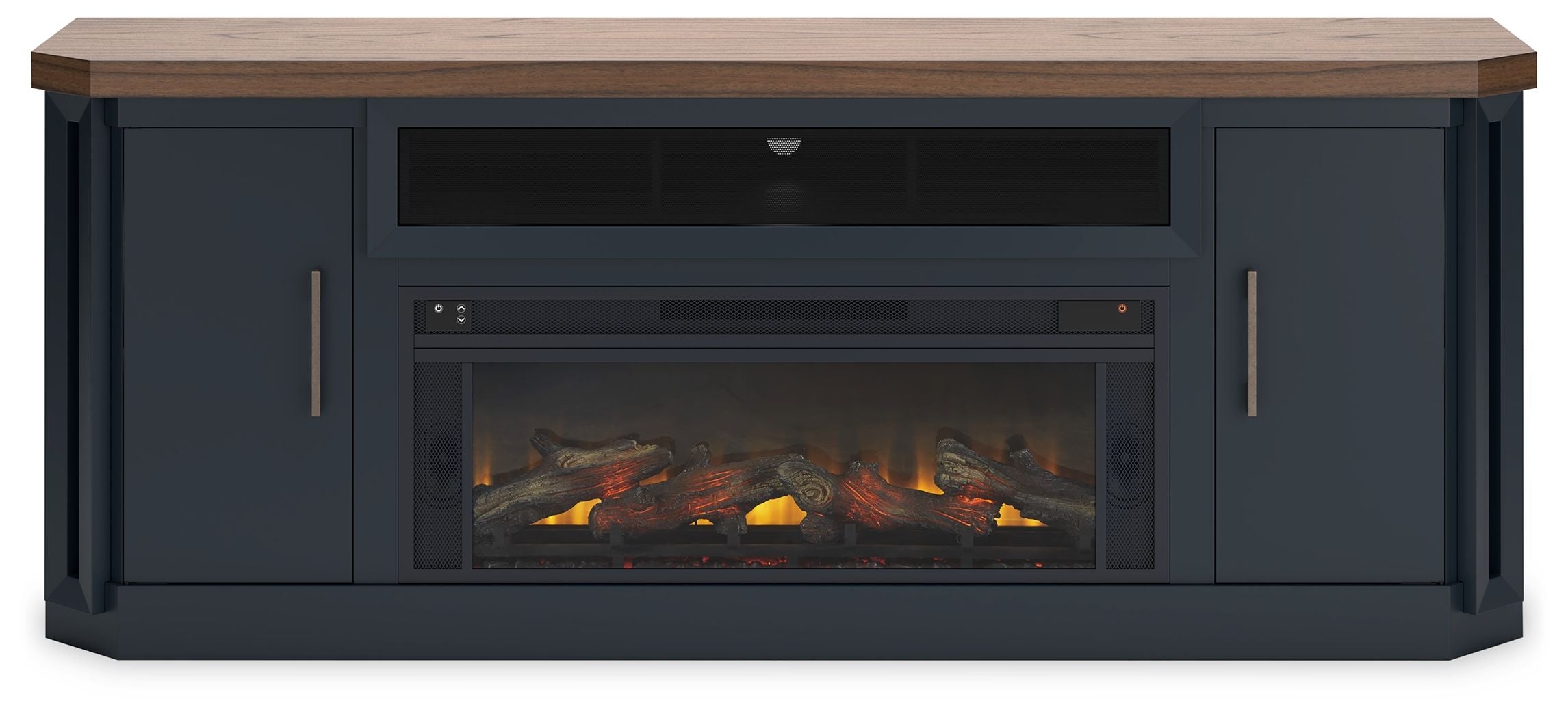 Two-tone TV stand with electric fireplace, dark blue doors and open center media shelf