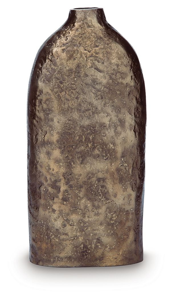 Wallmond vase in gold-brown with distressed mottled finish and wide body, narrow neck.