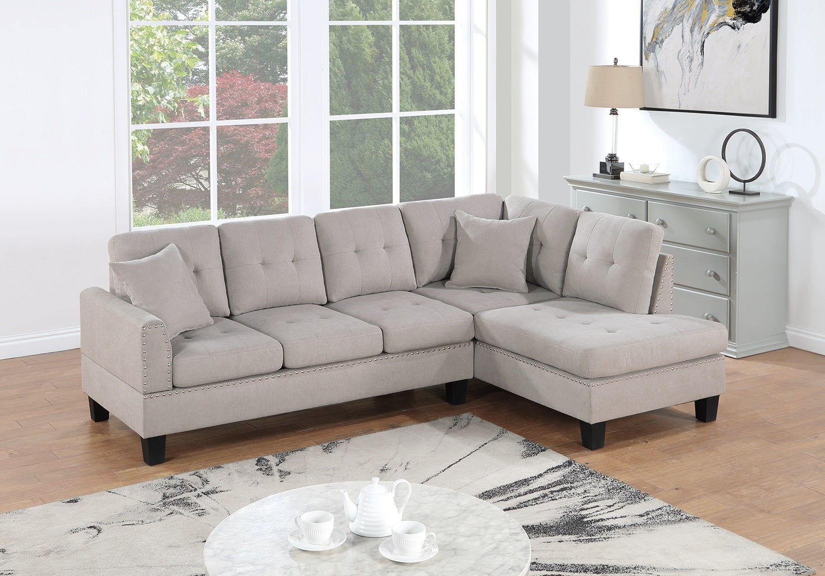 Mushroom Velvet Tufted Sectional Sofa, Chaise, Nailheads
