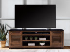Dark brown TV stand with media shelves and slatted side doors