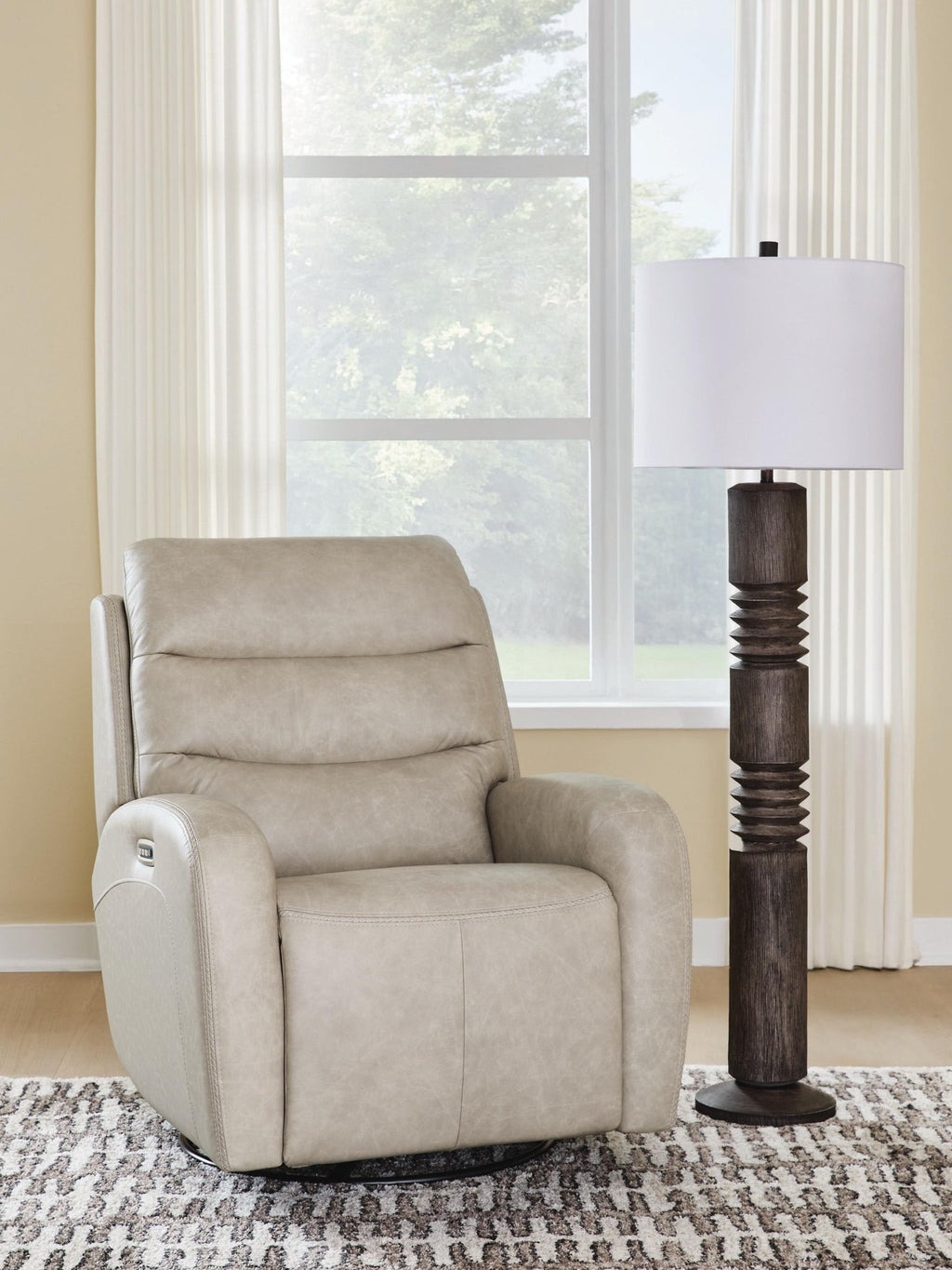 Power recliner swivel glider chair, light beige upholstery with padded arms and back